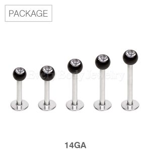 Product 50pc Package of 316L Surgical Steel Labret with Black PVD Plated Gem Ball in Assorted Sizes