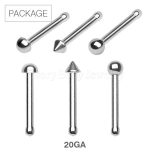 Product 30pc Package of 316L Stainless Steel Stud Nose Ring in Assorted Styles - 20GA