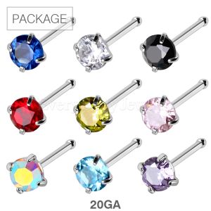 Product 90pc Package of 316L Surgical Steel Bone Nose Ring with Prong Set Gem in Assorted Colors - 20GA