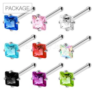 Product 90pc Package of Prong Set Square CZ Nose Bone in Assorted Colors