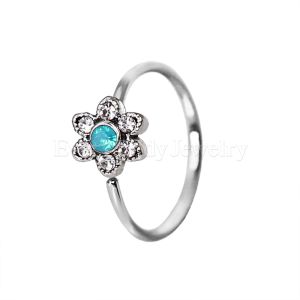 Product 316L Stainless Steel Synthetic Jeweled Aqua Flower Cartilage Earring / Nose Hoop Ring