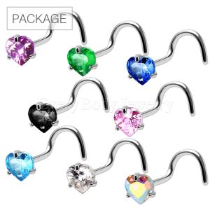 Product 80pc Package of 316L Prong Set Heart CZ Nose Screw in Assorted Colors