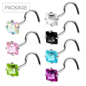 Product 70pc Package of 316L Prong Set Square CZ Nose Screw in Assorted Colors