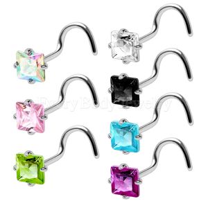 Product 316L Surgical Steel Prong Set Square CZ Screw Nose Ring