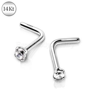Product 14Kt White Gold Prong Set Clear CZ L Bend Nose Ring