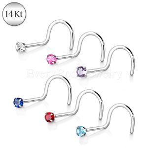 Product 14Kt White Gold Screw Nose Ring with Prong Setting Gem