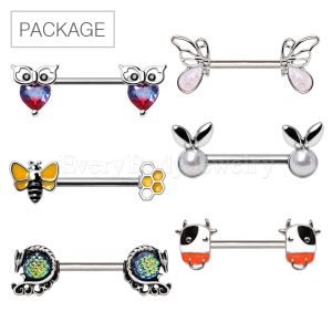 Product 36pc Package of 316L Surgical Steel Nipple Bars in Assorted Designs