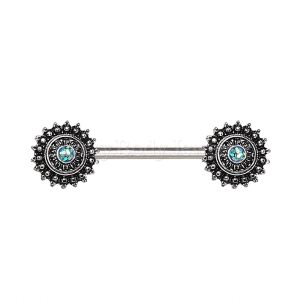 Product 316L Stainless Steel Green Synthetic Opal Ornate Nipple Bar