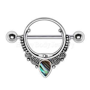 Product 316L Stainless Steel Ornate Nipple Shield with Tear Drop Abalone