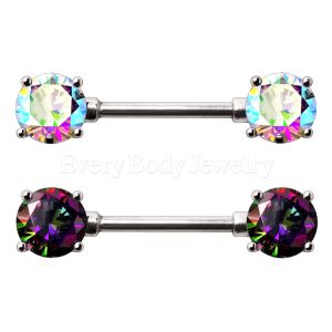Product 316L Stainless Steel Prong Set Iridescent Cubic Nipple Bar