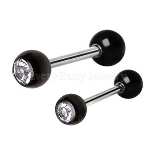 Product 316L Nipple Bar with Black PVD Plated Clear Gem Ball