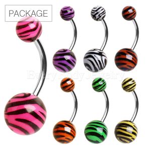 Product 70pc Package of UV Zebra Print Ball Navel Rings in Assorted Colors