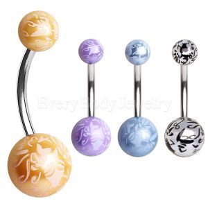 Product 316L Surgical Steel Navel Ring with Budding Flower Printed Balls
