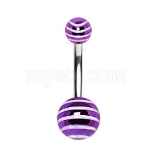 Product 316L Stainless Steel Navel Ring with UV Acrylic Striped Metallic Purple Balls