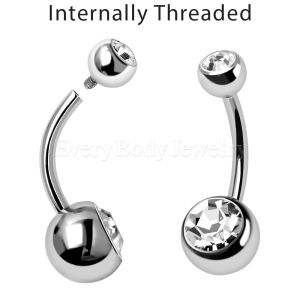 Product 316L Surgical Steel Internally Threaded Navel Ring with Clear CZ Balls.