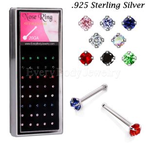 Product 40pcs .925 Sterling Silver Nose Bones with 2mm Prong Set Round CZ in Mixed Colors