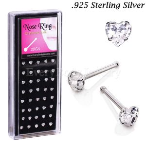 Product 40pcs .925 Sterling Silver Nose Bones with 3mm Prong Set Heart Clear CZ