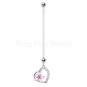 Product BioFlex Pregnancy Navel Ring with Pink Flower on Heart Dangle