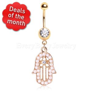 Product Gold Plated Hamsa Amulet Dangle Navel Ring with Pearls