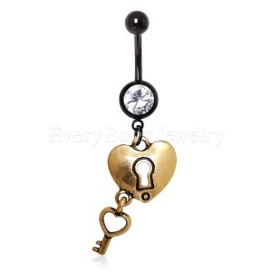 Product Brushed Gold Plated Heart Lock & Key Dangle Navel Ring