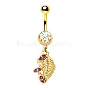 Product Gold Plated Jeweled Fantasy Leaf Dangle Navel Ring