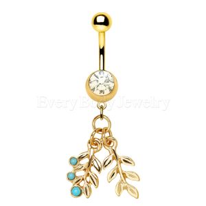 Product Gold Plated Double Leaf with Turquoise Dangle Navel Ring