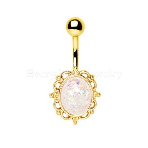 Product Gold Plated White Synthetic Opal Ornate Charm Navel Ring