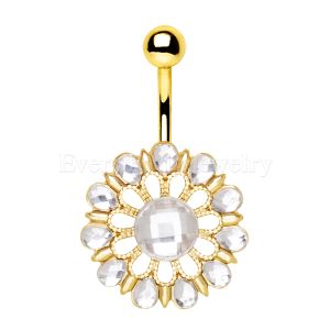 Product Gold Plated Checkerboard Cut CZ Flower Navel Ring