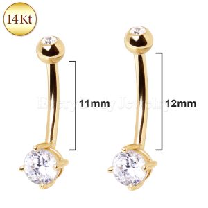 Product 14Kt Yellow Gold Longer Shaft Navel Ring with Clear Round Prong Set CZ