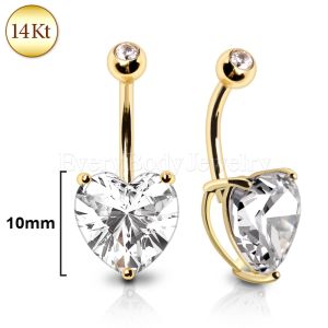 Product 14Kt Yellow Gold  Navel Ring with Large Clear Heart Prong Set CZ