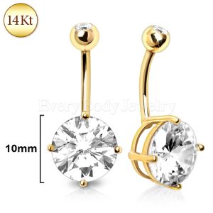 Product 14Kt Yellow Gold  Navel Ring with Large Clear Round Prong Set CZ