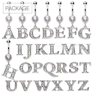 Product 78pc (3pcs x 26) Package of Clear 316L Navel Ring with Alphabet Letter Dangle