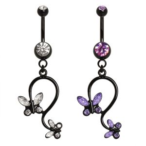 Product 316L Surgical Steel Black Navel Ring with Pair of Butterflies