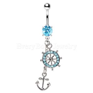 Product 316L Stainless Steel Aqua Ship Wheel & Anchor Dangle Navel Ring