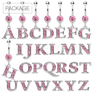 Product 78pc (3pcsx26) Package of Pink 316L  Navel Ring with Alphabet Letter Dangle