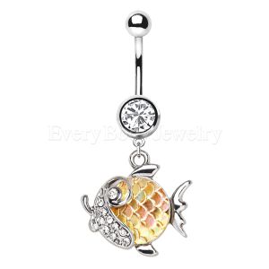 Product 316L Stainless Steel Jeweled Gold Fish Dangle Navel Ring