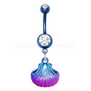 Product Blue PVD Plated Navel Ring with Blue & Pink Seashell Dangle