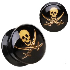 Product UV Coated Acrylic Double Flared Screw Fit Ear Plug with Pirate Logo