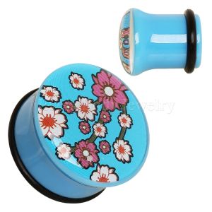 Product Blue UV Acrylic Oriental Flower Blossom Single Flare Plug with O-Ring