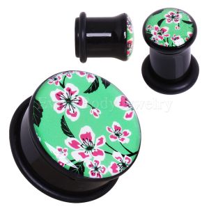 Product Green UV Acrylic Oriental Flower Blossom Single Flare Plug with O-Ring