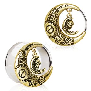 Product Gold Plated Steam Punk Crescent Moon Tunnel Plug with Alien Dangle