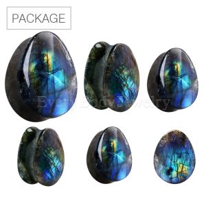 Product 42pc Package of AAA Grade Natural Labradorite Double Flare Teardrop Plug in Assorted Sizes