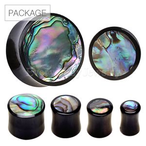 Product 54pc Package of Organic Black Buffalo Horn Saddle Plug with Abalone Inlay in Assorted Sizes