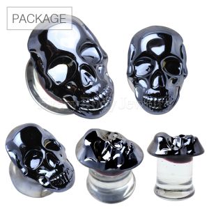 Product 42pc Package of Metallic Black Skull Glass Double Flare Plug in Assorted Sizes