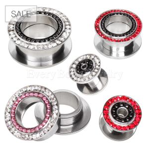 Product 316L Surgical Steel Screw Fit Flesh Tunnel Ear Plug  with PVD Plated Balls and CZ Stones