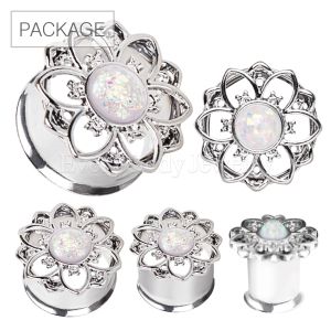 Product 36pc Package of 316L Stainless Steel White Synthetic Opal Flower Tunnel Plug in Assorted Sizes