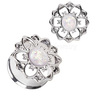 Product 316L Stainless Steel Flower Tunnel Plug with White Synthetic Opal