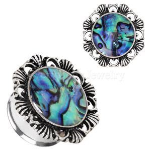 Product 316L Stainless Steel Ornate Plug with Natural Abalone Inlay