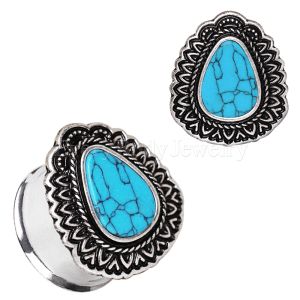 Product 316L Stainless Steel Ornate Teardrop Plug with Turquoise Inlay