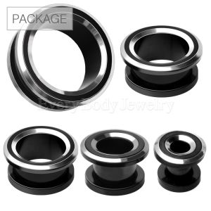 Product 42pc Package of Black PVD / 316L Stainless Steel Two Tone Screw Tunnel Plug in Assorted Sizes